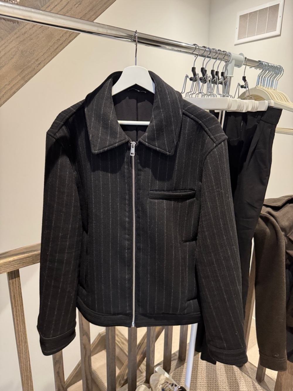 Zara Men's Black Pinstripe Zip-Front Wool Loke Jacket